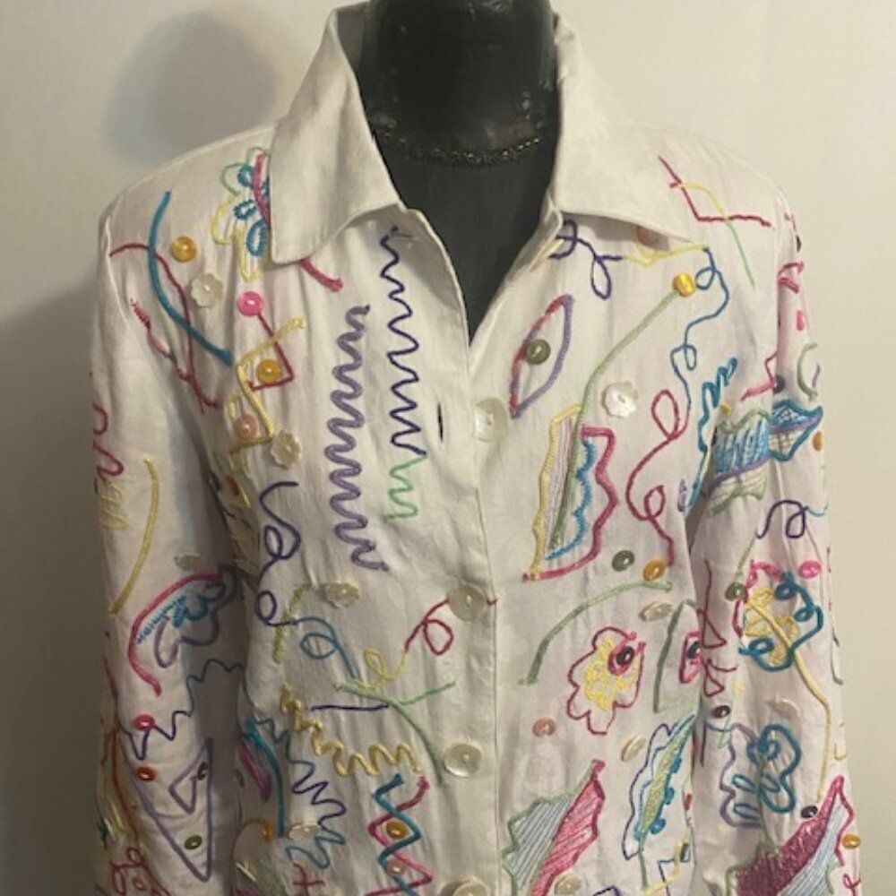 Julia Kim Vintage Embroidered Embellished White multi-color blazer, size S